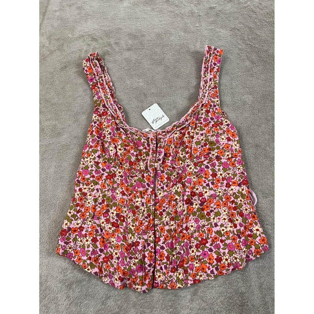 Free People Ellia Printed Top Women's XS Pink/ Rose Ruffle Blouse Cotton NEW